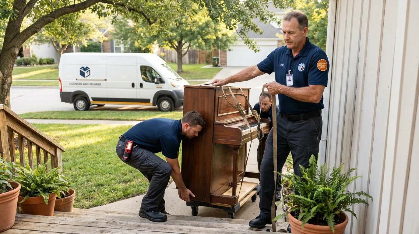 Licensed piano movers securing grand piano in Philomath, OR
