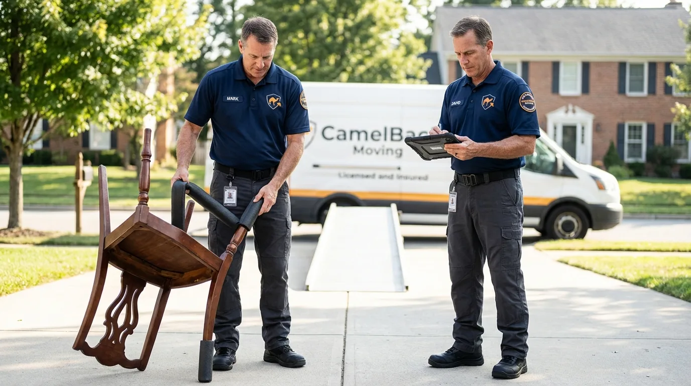 Movers inspecting furniture for damage prevention before loading in Philomath, OR