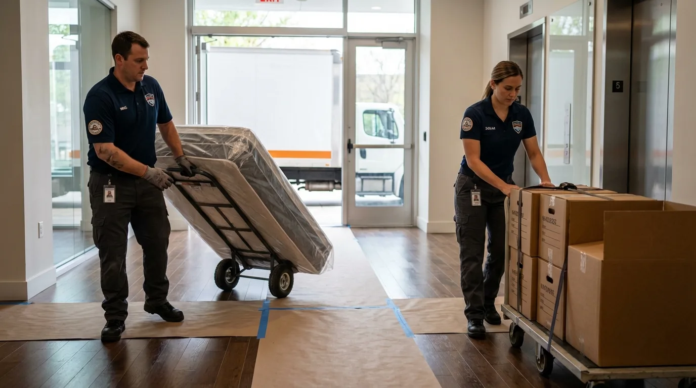 Professional apartment movers loading elevator in Philomath, OR