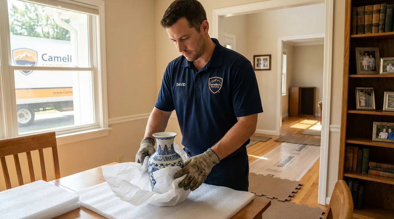 Professional crew carefully wrapping antique vase for senior downsizing move in Philomath, OR